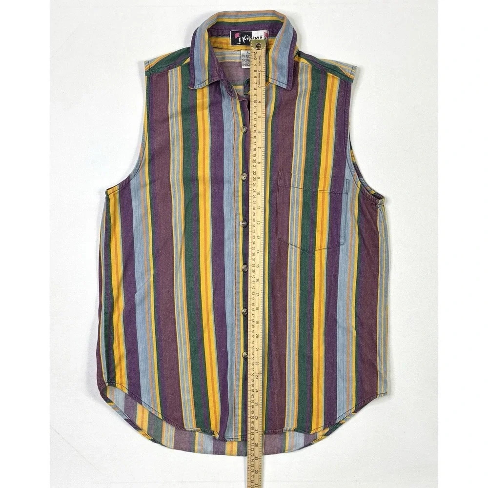 Vintage Kikomo Sleeveless Shirt Women's Large Button Up Striped Purple Orange - Picture 5 of 8